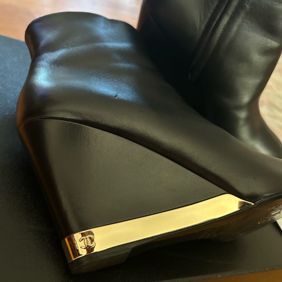 Authentic Chanel Black Lambskin Wedge Boots - Picture 2 of 10
